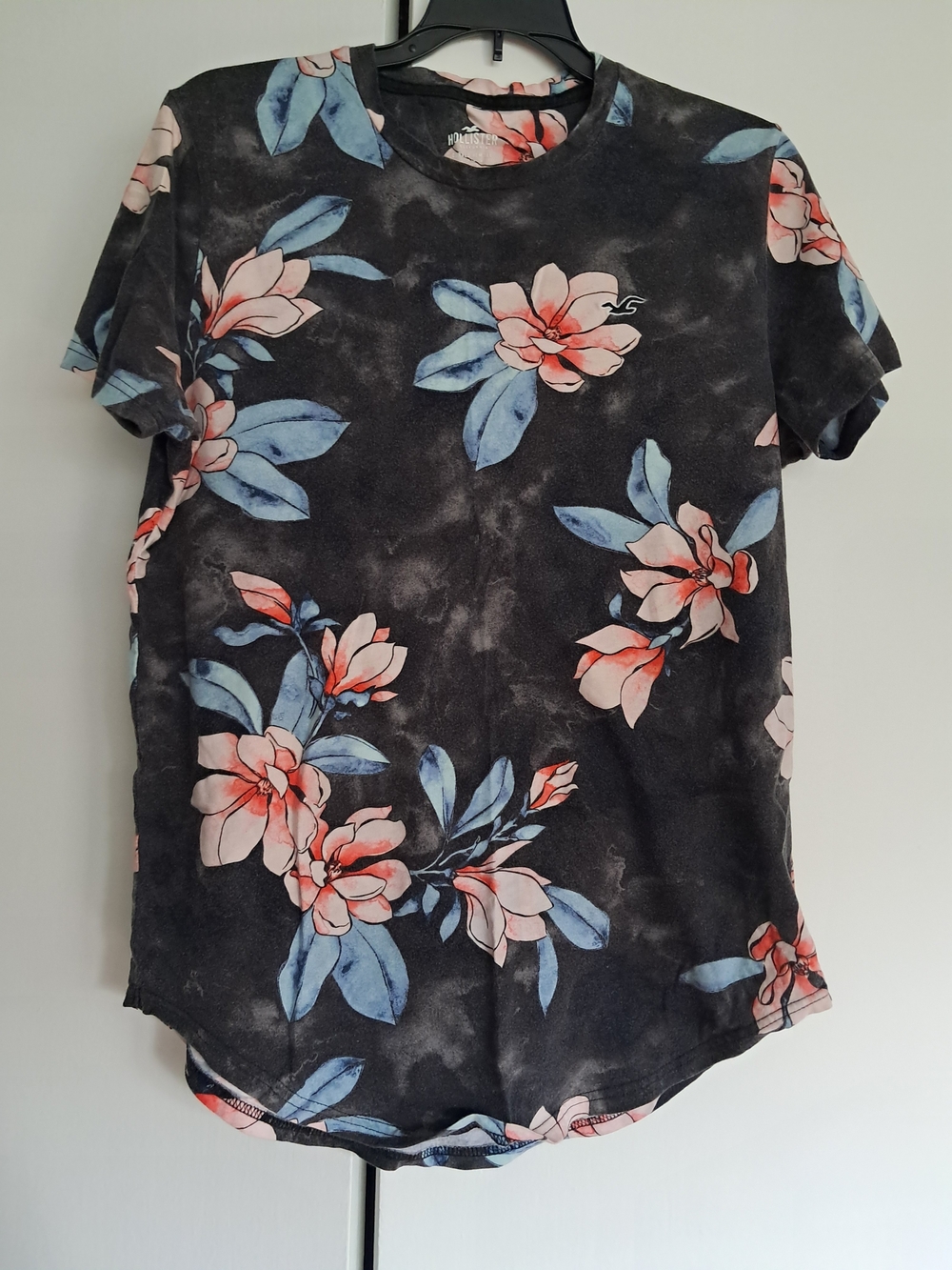 Hollister Black Floral Short Sleeve Tee with Pink & Blue Blooms